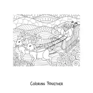 Coloring page of Santa Claus in his sleigh with reindeer in zentangle style