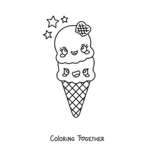 Coloring page of a kawaii two-flavor ice cream cone with stars