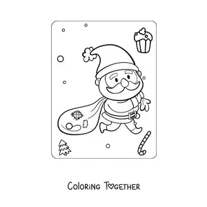 Coloring page of a kawaii Saint Nicholas with gifts