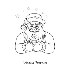 Coloring page of Santa Claus with a hot drink