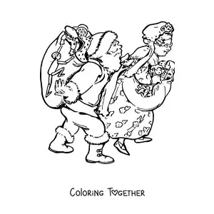 Coloring page of Santa Claus and Mrs. Claus with gifts