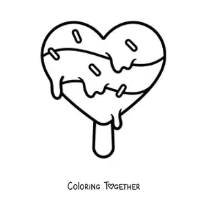 Coloring page of a heart-shaped ice cream popsicle melting