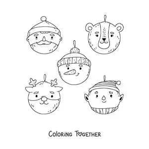 Coloring page of Christmas baubles shaped like a bear, Santa, elf, reindeer, and snowman