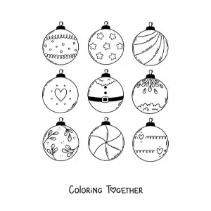 Coloring page of decorated Christmas baubles