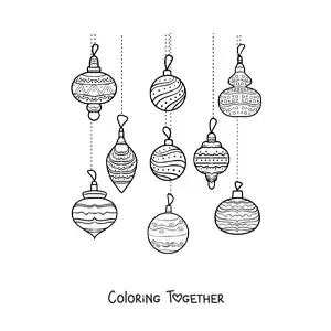 Coloring page of hanging Christmas ornaments