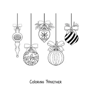 Coloring page of large Christmas ornaments hanging