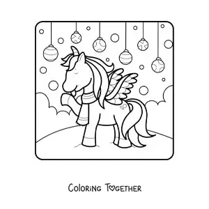 Coloring page of a unicorn with Christmas baubles in the background