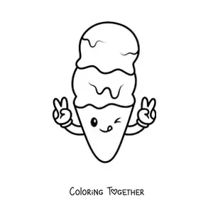 Coloring page of a cartoon ice cream cone waving and winking