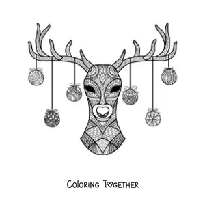 Coloring page of a reindeer with Christmas baubles hanging from its antlers