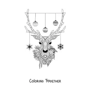 Coloring page of a reindeer with Christmas balls hanging from its antlers