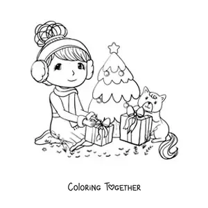 Coloring page of a girl with a kawaii cat opening gifts at Christmas