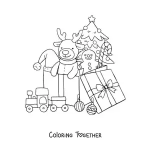 Coloring page of a Christmas gift box with toys