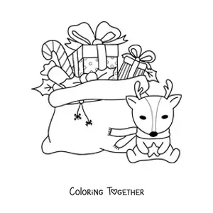 Coloring page of a sack of Christmas gifts and a plush reindeer