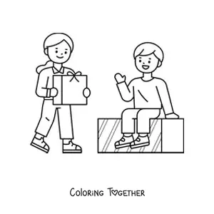 Coloring page of children with Christmas gifts