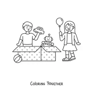 Coloring page of children opening Christmas gifts