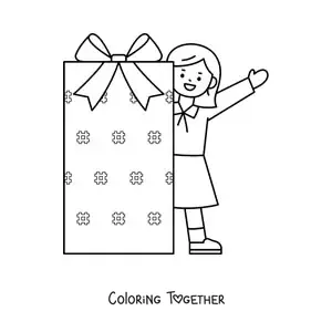 Coloring page of a girl with a Christmas gift