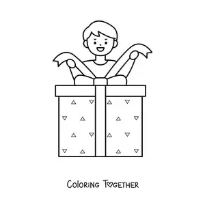 Coloring page of a boy with a Christmas gift