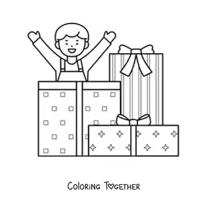 Coloring page of a boy with Christmas gifts