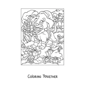Coloring page of an animated dog with Christmas gifts