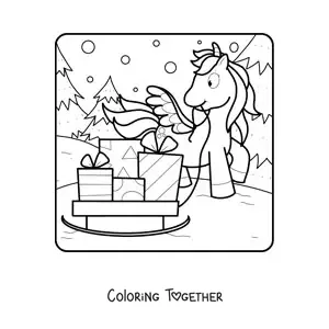 Coloring page of a unicorn with a sleigh full of gifts