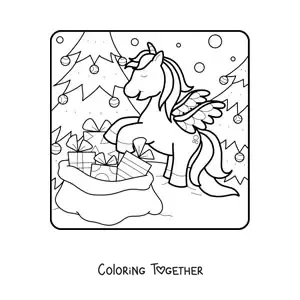 Coloring page of a unicorn with a sack of gifts