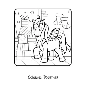 Coloring page of a unicorn with a pile of gifts