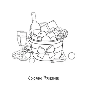 Coloring page of a basket of Christmas gifts