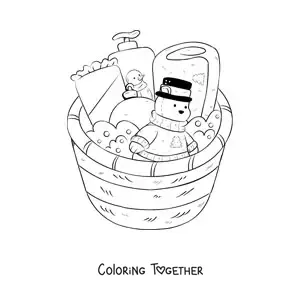 Coloring page of a basket of Christmas gifts