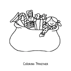 Coloring page of a sack of Christmas gifts with toys