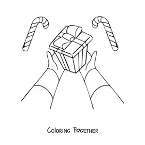 Coloring page of hands giving a Christmas gift