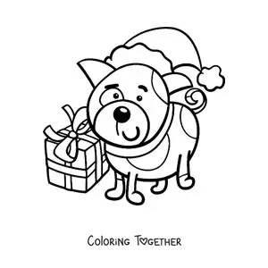 Coloring page of a dog with a Christmas gift