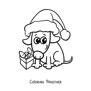 Coloring page of a dog with a Christmas gift