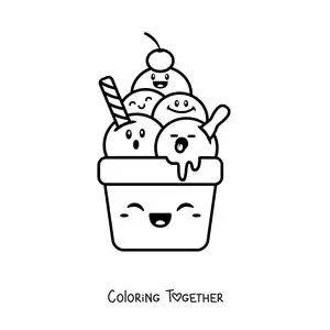 Coloring page of a multi-flavor kawaii cartoon ice cream