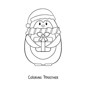 Coloring page of a penguin with a Christmas gift