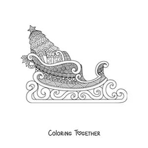 Coloring page of a sleigh with Christmas gifts in zentangle style