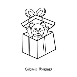 Coloring page of a teddy bear inside a Christmas gift box