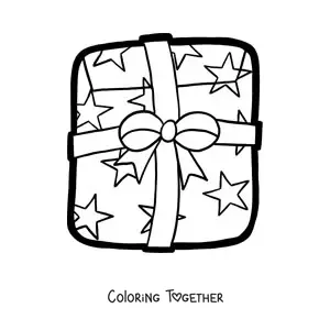 Coloring page of a large Christmas present with stars