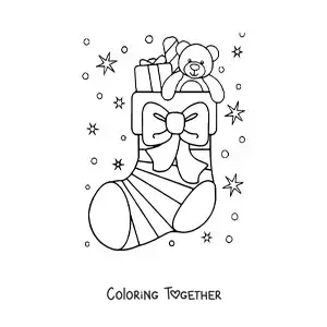 Coloring page of a Christmas stocking with a bow and a teddy bear
