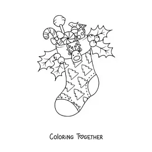 Coloring page of a Christmas stocking with candy and a reindeer ornament