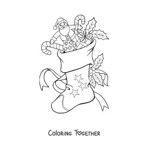 Coloring page of a Christmas stocking with toys and candy