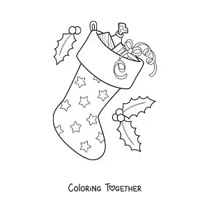 Coloring page of a Christmas stocking with presents