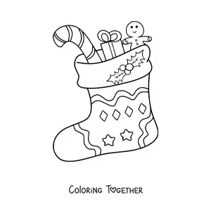 Coloring page of a Christmas stocking with presents