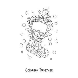 Coloring page of a Christmas stocking with a snowman