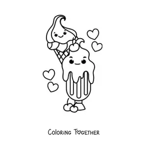 Coloring page of a kawaii ice cream sundae next to a cone