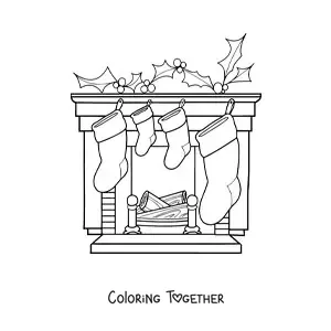 Coloring page of little Christmas stockings on the fireplace
