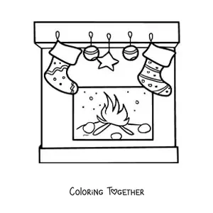 Coloring page of Christmas stockings on the fireplace