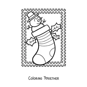 Coloring page of a Christmas stocking with an animated snowman
