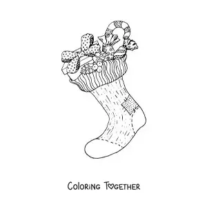 Coloring page of a realistic Christmas stocking with presents