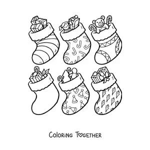 Coloring page of little Christmas stockings with presents