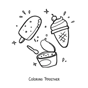 Coloring page of a cup of ice cream next to a popsicle and an ice cream cone